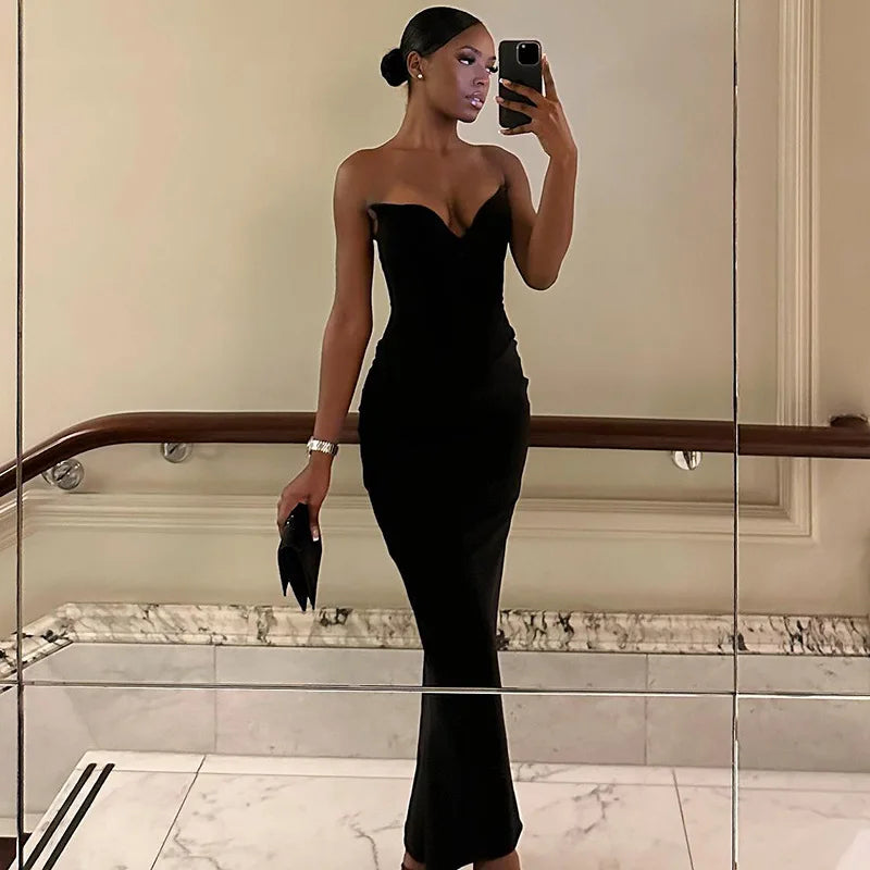 Sexy Black Strapless Corset Dresses for Women, Elegant V Neck, Backless Bodycon, Long Maxi Dress, Evening Party - reetell