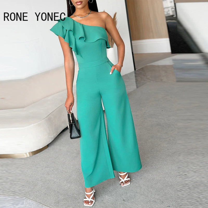 Women Elegant Solid One Shoulder Ruffle Decoration Wide Leg Formal Jumpsuit