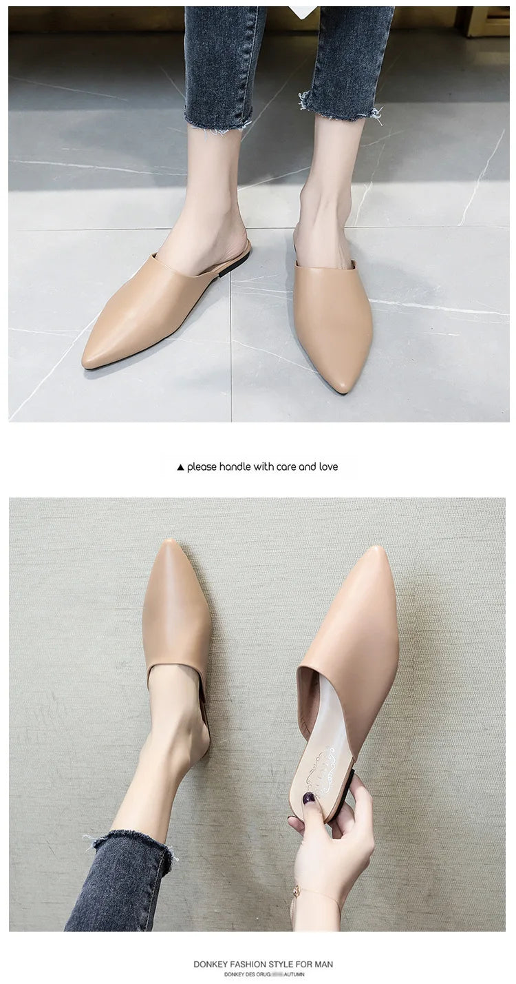 Women Spring Summer Slippers Mules Soft Leather Pointed Toe Slip On Sandalias Soild Mature Fashion Casual Low-heeled Shoes Mujer