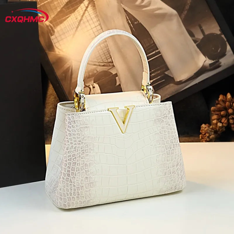 Luxury Fashion White Leather Women Handbags 2024 New Female Small Shoulder Messenger Bag Crocodile Pattern Portable Shell Bags - reetell