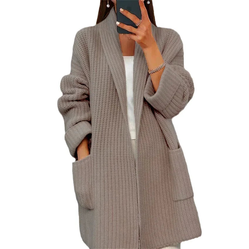 Women's Pocket Design Knitted Sweater Cardigan Autumn Winter Female Clothes Solid V-Neck Casual Long Sleeve Loose Daily Coat - reetell