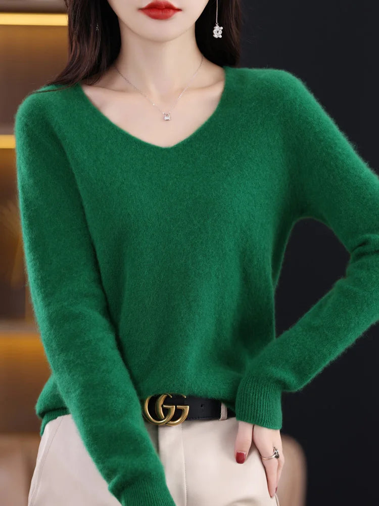 Aliselect Fashion Autumn Winter Basic 100% Merino Wool Sweater V-Neck Long Sleeve Women Knitted Pullover Cashmere Clothing Top - reetell