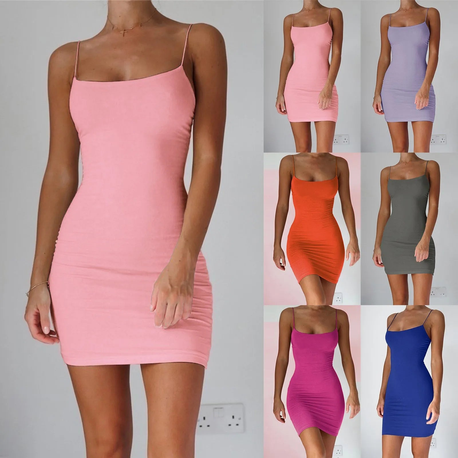 Sexy Spaghetti Strap Camisole Mini Dress Women Bodycon Club Party Dresses 2024 Summer New Pure Color Sundress Vestidos - reetell