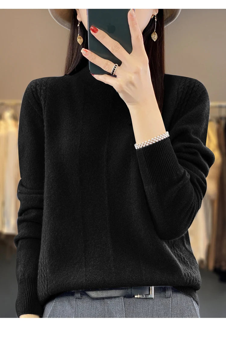 2024 Autumn Winter Women 100% Merino Wool Sweater Striped O-Neck Pullover Knitwear Casual Undershirt Cashmere Clothing Tops - reetell