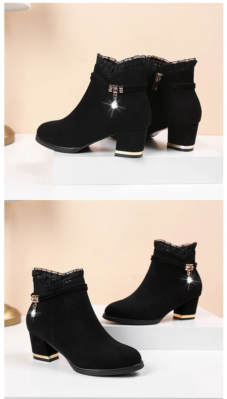 2023 New Autumn Fashion Boots Women Fur Winter Warm Pointed Ankle Boots Sexy High Heel Rhinestone Decoration Zipper Women Boots