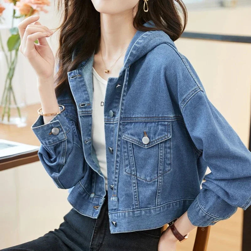 Crop Hooded Small Women's Denim Jackets Outerwears Female Jeans Coat Spring Autumn Plain Blue Short On Offer With Elegant Classy