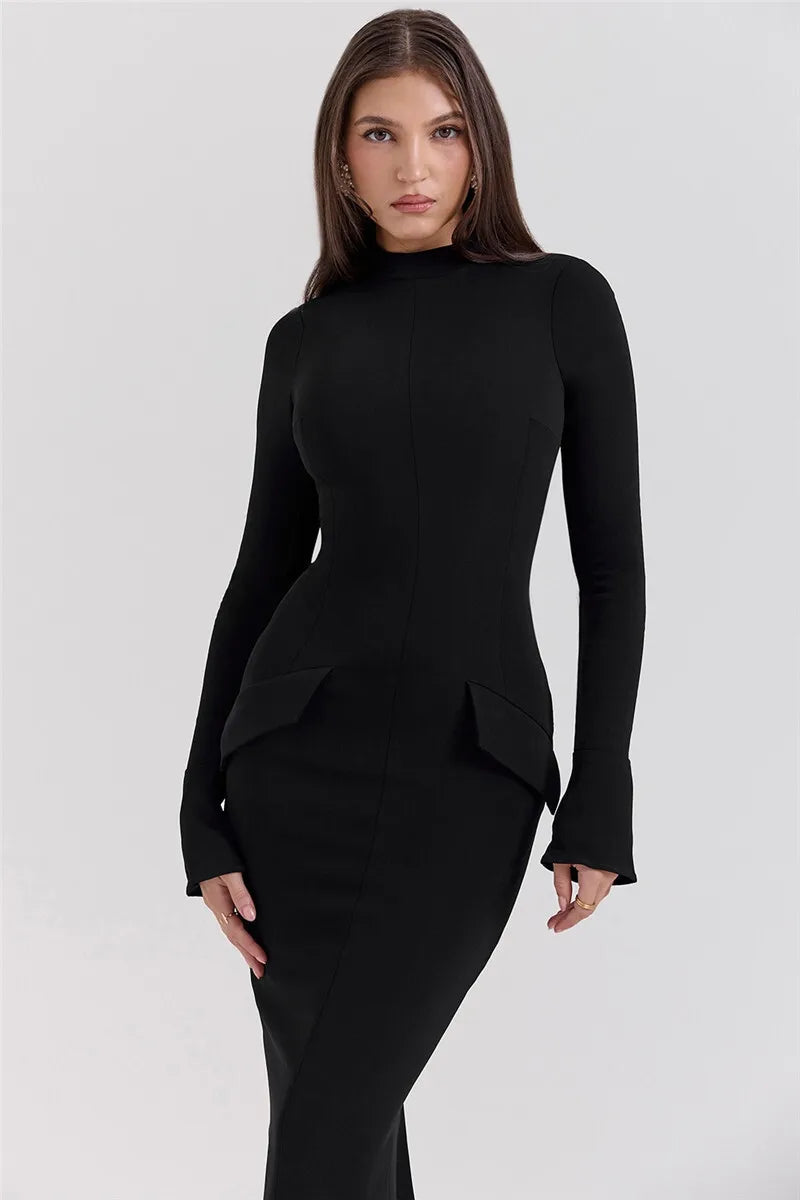 Mozision Black Long Sleeve Sexy Maxi Dress For Women Autumn Winter New O Neck Two Pocket Back Split Bodycon Long Dress Elegant - reetell