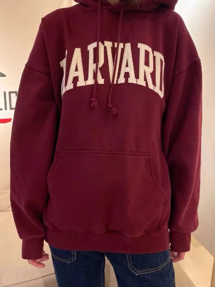 Casual Women Cotton Navy HARVARD Embroidered Hoodies 2023 Fall Vintage Long Sleeves Sweatshirts Female Loose Pullovers - reetell