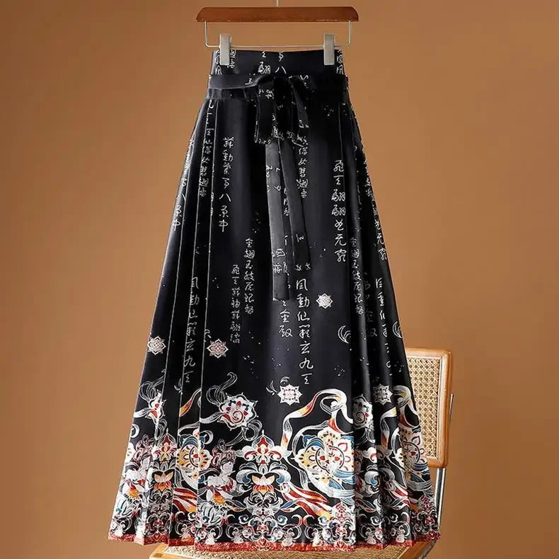 Maxi Chinese Style Horse Face Skirts Women Hanfu Vintage Harajuku Saia Casual Long Print Pleated Skirt Woman Clothing Faldas - reetell