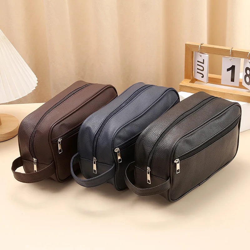 Men Waterproof Travel Toiletries Storage Bag PVC Lychee Pattern Cosmetic Bag Portable Makeup Organiser Male Zipper Handbags