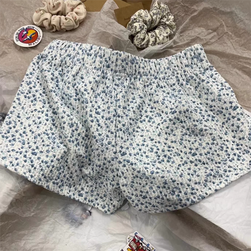 Purple Floral Print Home Shorts Summer Patchwork Elastic Waist Straight Short Pant Casual Cute Cotton Pants Woman Clothing - reetell