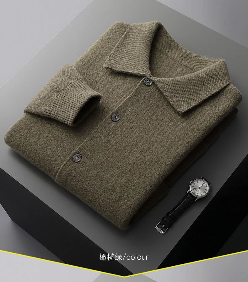 New 2023 Autumn/Winter Cashmere Cardigan Men's Polo Neck Sweater Long Sleeve Knitted Business Casual Wool Sweater Solid Color - reetell