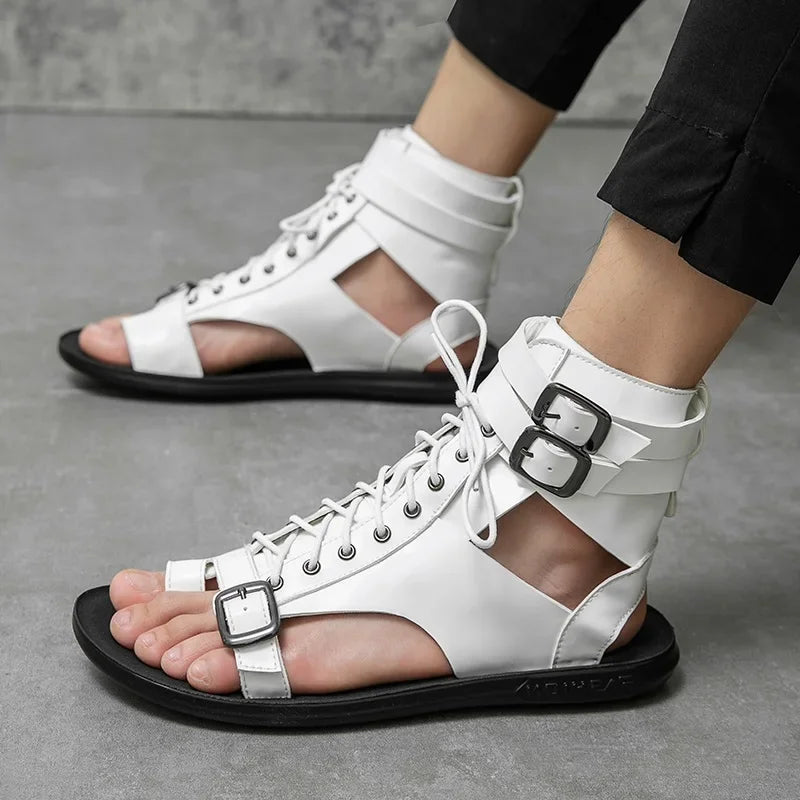 Summer New Men Gladiators Lace Up Buckle Leather Casual Shoes Breathable Beach Sandals Outdoor Slippers Black White Plus Size