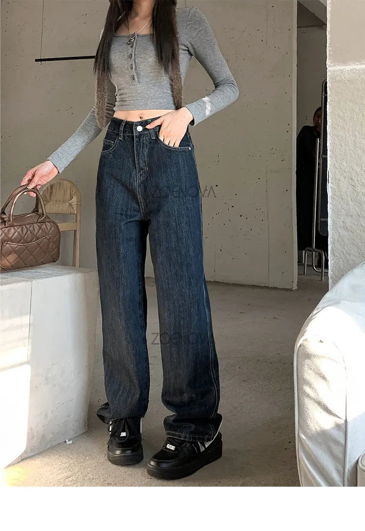 ZOENOVA High Waist Straight Women's Jeans 2024 Spring Korean Fashion Ladies Simple Versatile Loose Dark Blue Wide Leg Trousers - reetell