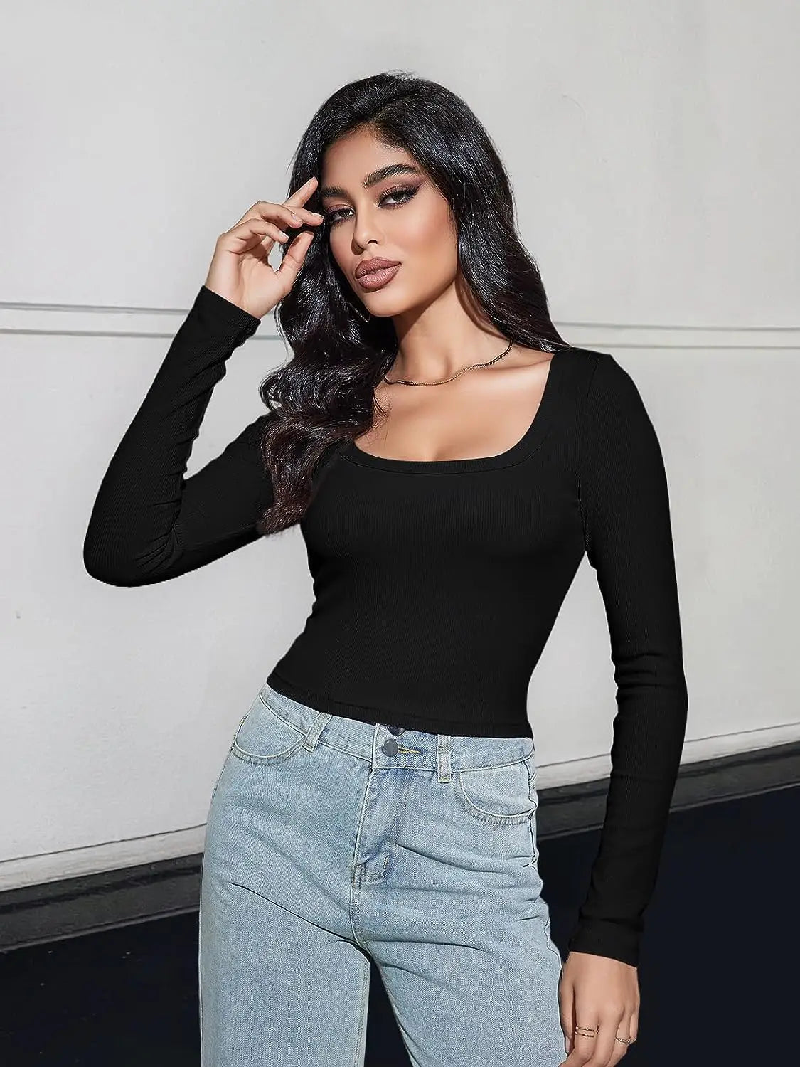 Women's Long Sleeve Square Neck Crop Top Ribbed Slim Fitted Y2K Casual T-Shirt Tops - reetell