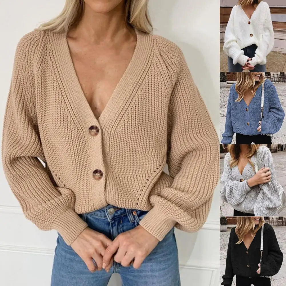 Knitted Cardigan Sweater Women Autumn Fashion Casual Long-sleeved Jacket V-neck Button Solid Color Top 2024 - reetell