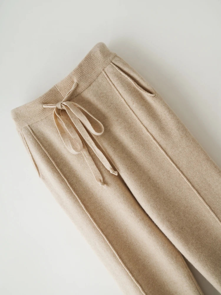 100% Merino Wool Women Medium Seam Pencil Pants Autumn Winter Cashmere Knit Pants Simple Style 100% Merino Wool Trousers - reetell