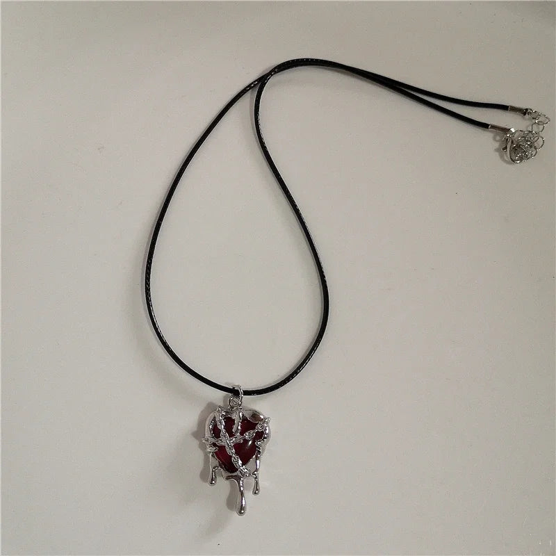 Punk Gothic Red Lava Star Cross Heart Pendant Leather Rope Necklace Women Men Hip Hop Y2K 90s EMO Accessories Aesthetic Jewelry