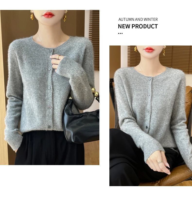 100% Merino Wool Long Sleeve Sweaters Cashmere Cardigan Spring Autumn Women O-Neck Knitwear Tops Clothing Fashion Basic Tops - reetell