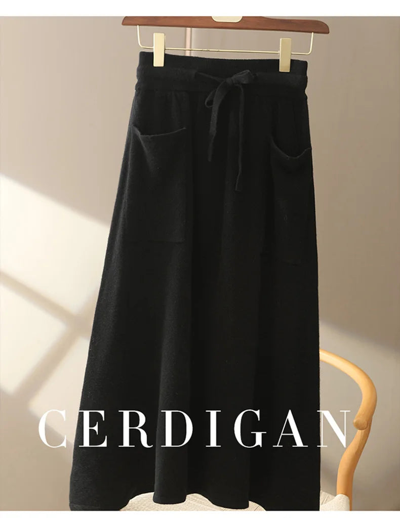 Autumn And Winter100% Pure Wool Skirt Women's Long Pocket Small A Skirt High Waist Slim Cashmere Knit A-Line Skirt - reetell