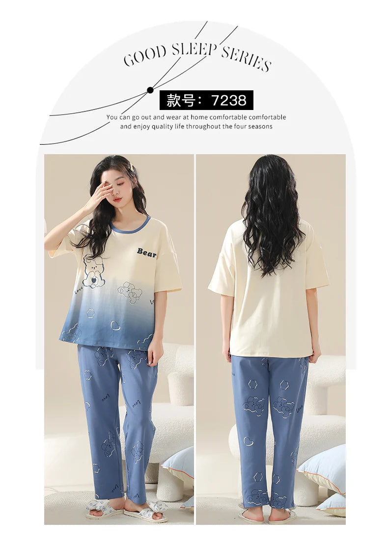 SUKAE Summer Women Pajamas Set Plus Size M-5XL Cotton Women's Pajama Short Sleeves Nightwear Sleepwear Korean Pijamas for Girl