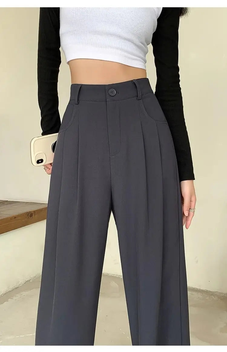 Fashion High Waist Wide Leg Pants Women Spring Fall Baggy Black Trouser Office Ladies Full Length Straight Suit Pant Outwear New - reetell