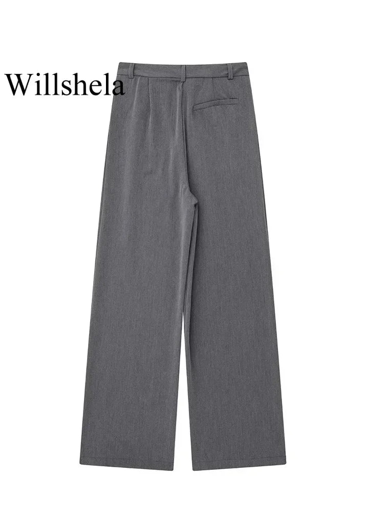 Willshela Women Fashion Solid Front Zipper Straight Pants Vintage High Waist Full Length Female Chic Lady Trousers - reetell