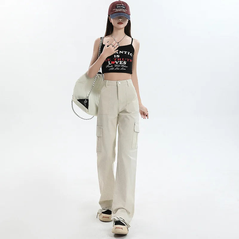 New Straight Cargo High Waist Baggy Trousers Casual Wide Leg Slim Vintage Streetwear Pocket Fashion Women Casual Pants - reetell