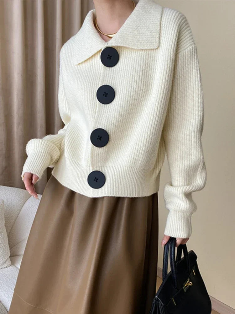 Fashion Big Button Cardigan for Women Loose Thickening Turn-down Collar Knit Sweater Autumn and Winter 2024 Grey Cardigan Coat - reetell