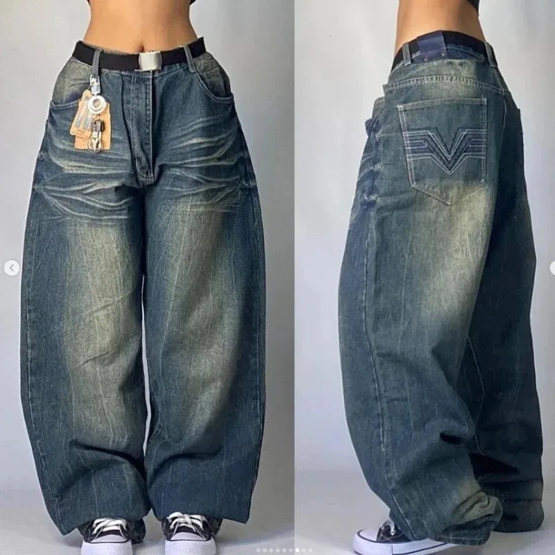 Streetwear American New Washed Light Blue Baggy Jeans Men And Women Y2K High Street Fashion Retro Punk High Waist Wide Trousers - reetell