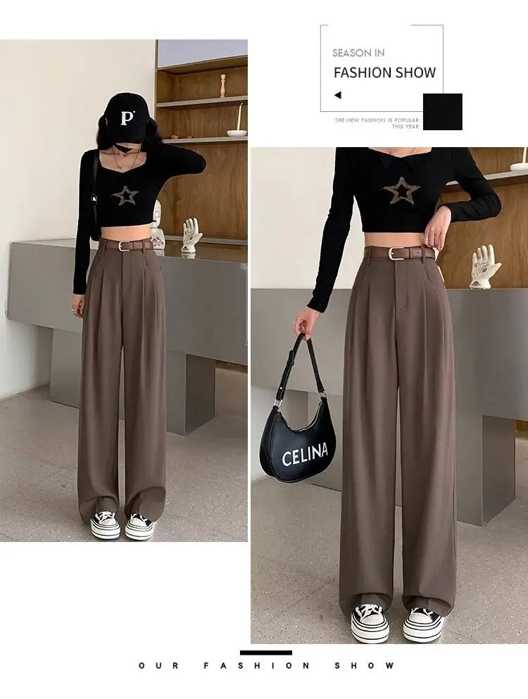 Fashion High Waist Wide Leg Pants Women Spring Fall Baggy Black Trouser Office Ladies Full Length Straight Suit Pant Outwear New - reetell