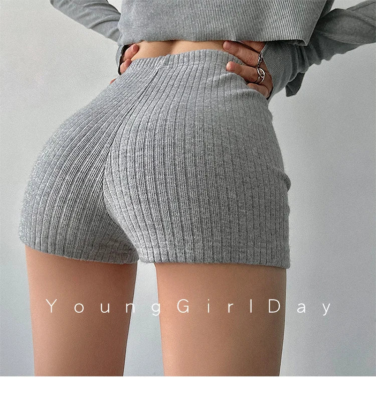 WOMONGAGA French New High Waist Tight Thin Knit Casual Sports Shorts Solid Color Stretch Fashion Women's Clothing 5TNS - reetell