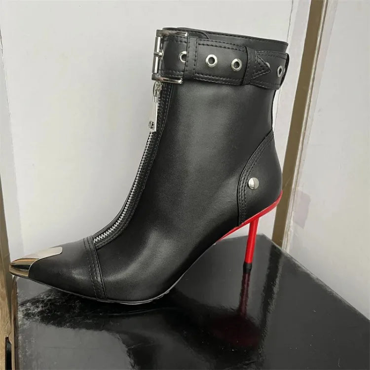 Belt Buckle Front Zipper Fashion Show Short Boots Women's Autumn Winter New Pointed Metal Decoration Red High Heels Ankle Boots