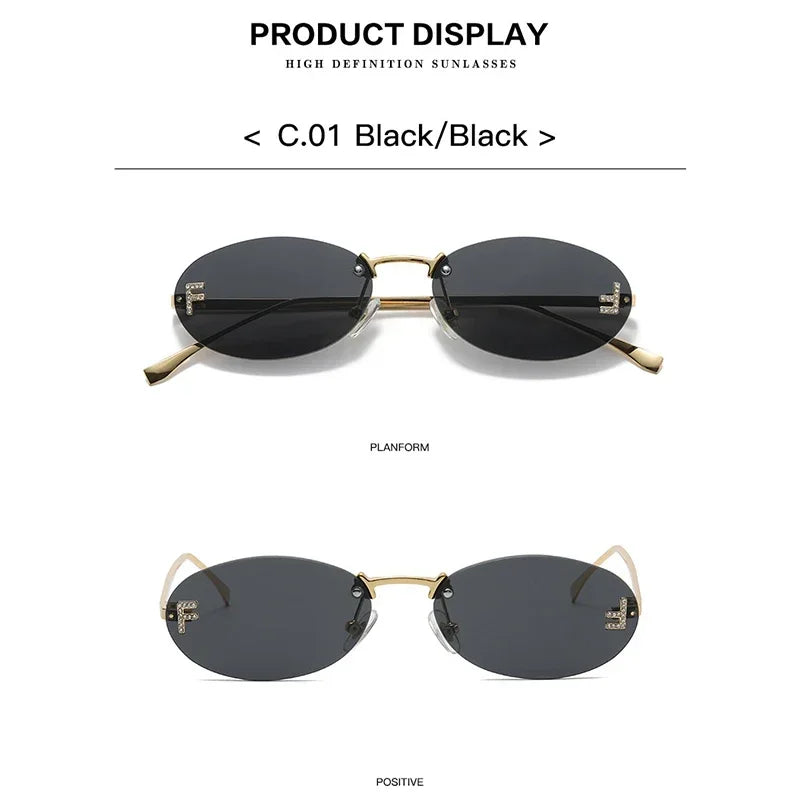 Letter Oval Sun Glasses Fashion Women's Sunglasses Women Luxury Quality Cat Eye Sun Glasses Rimless Eyewear - reetell