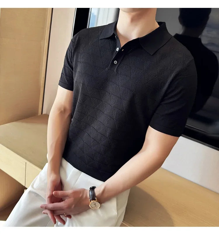 High-quality Men's Jacquard Polo Shirt, Business Casual Men's Solid Color Short-sleeved Top,  Geometric Pattern Men's T-shirt.