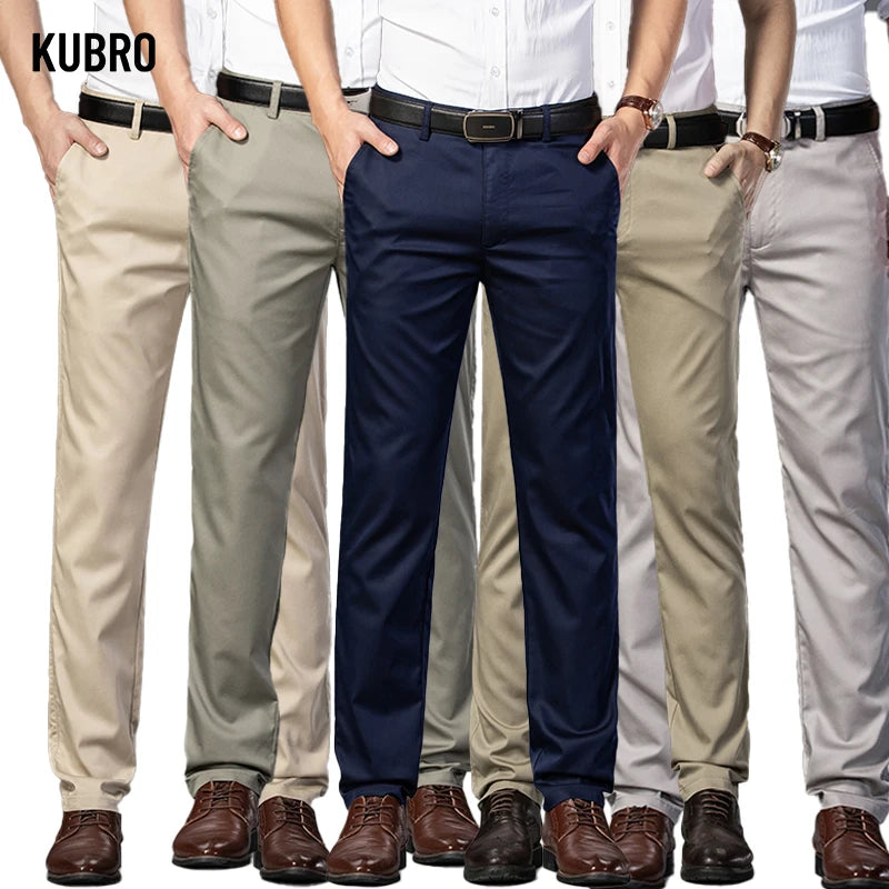 KUBRO Men's Summer Thin Fashion Business Casual Suit Pants Long Pants Men's Elastic Straight Sleeve Formal Pants Plus Size 28-40 - reetell