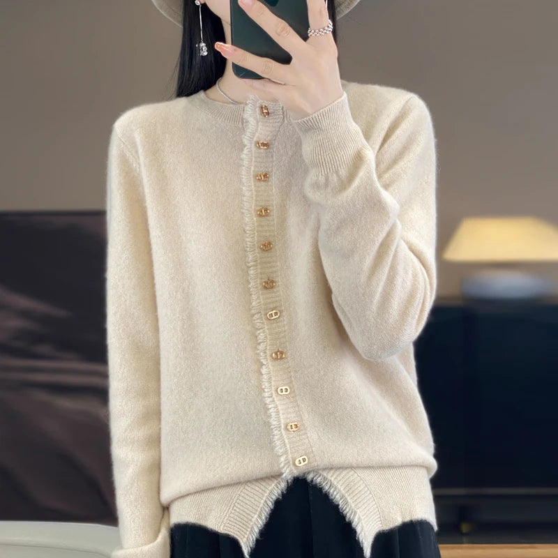 100% Wool Cardigan Womens Clothing O-neck Sweater Tassels Female Long Sleeve Tops Knitted Korean Fashion Warm New In Outerwear - reetell