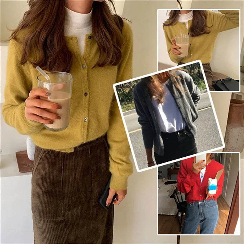 Solid Color Knitted Cardigan Women Korean Single Breasted Long Sleeve Jumper Woman Round Neck All Match Cardigans Outwear 2024 - reetell