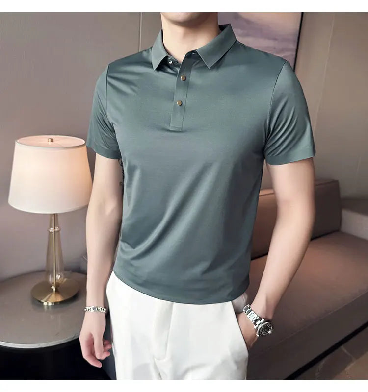 Ice Silk Traceless T-shirt Men's  Business Casual Solid Color Half Sleeve High Elasticity Top Silk Smooth Breathable POLO Shirt