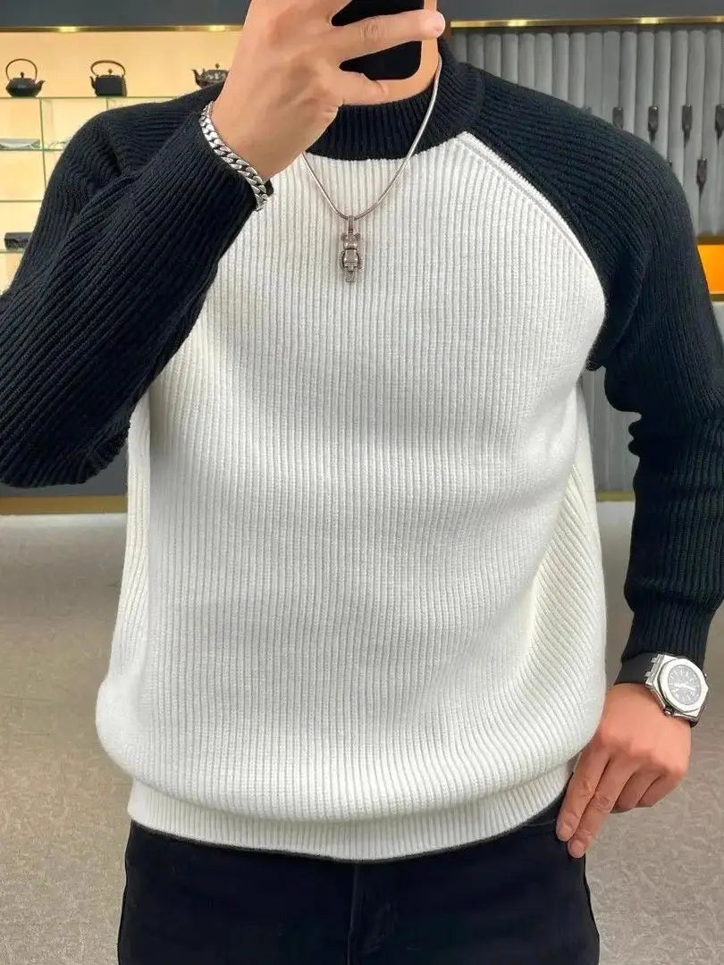 Autumn Winter Mens Sweaters Casual Warm Loose Fashion Patchwork Pullover Retro Harajuku Round Neck Knitted Bottoming Shirt - reetell