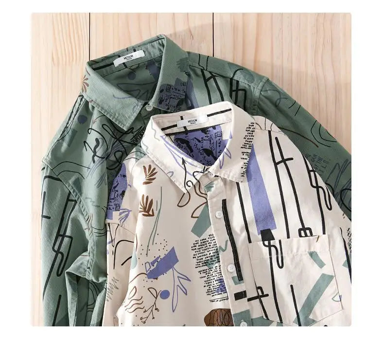 2023 Spring Autumn Turn-down Collar Shirt Man Fashion Single Breasted Long Sleeve Cardigan Men Vintage Graffiti Printing Coat - reetell