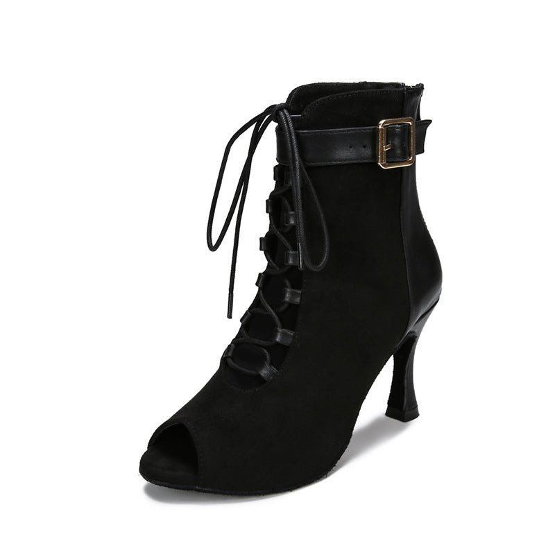 Black Hollow Latin Dance Shoes High Heels Soft Sole Lace Up Indoor Dancing Boots Modern Jazz Big Size Dance Shoes for Women 2024