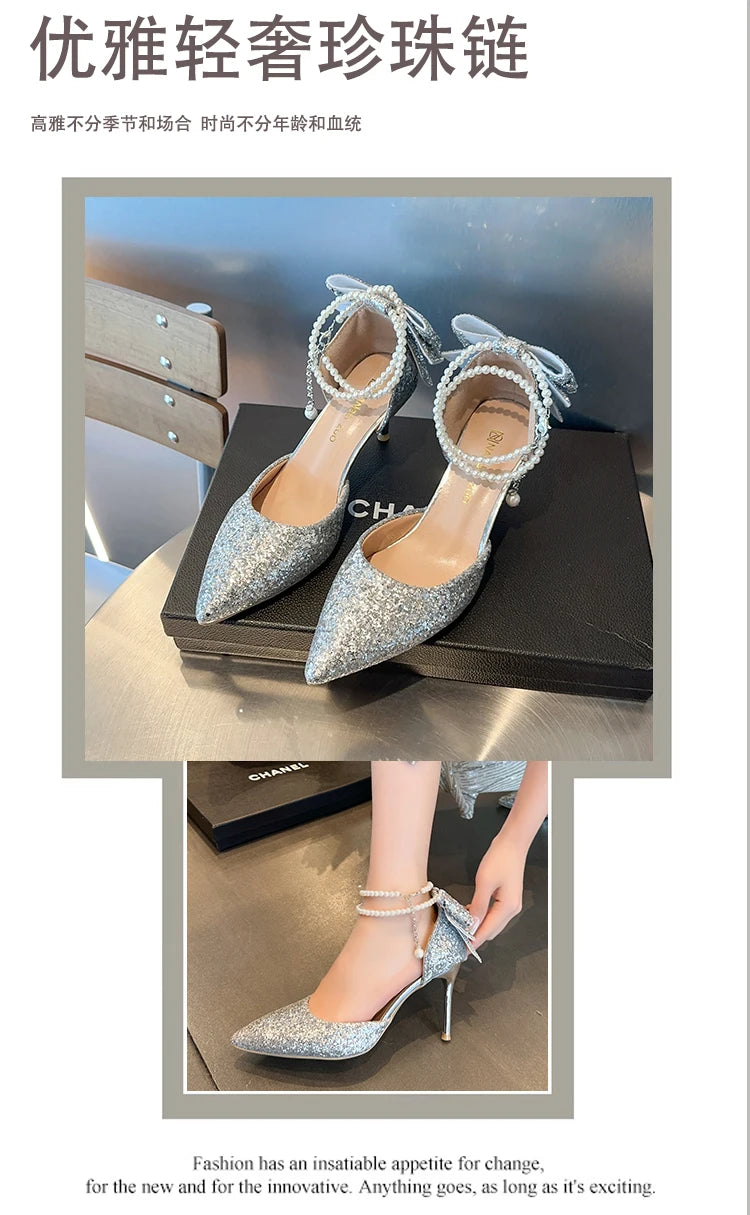 French new pointy shallow mouth temperament elegant sequin bow high heels women's fine heel pearl line with a single shoe