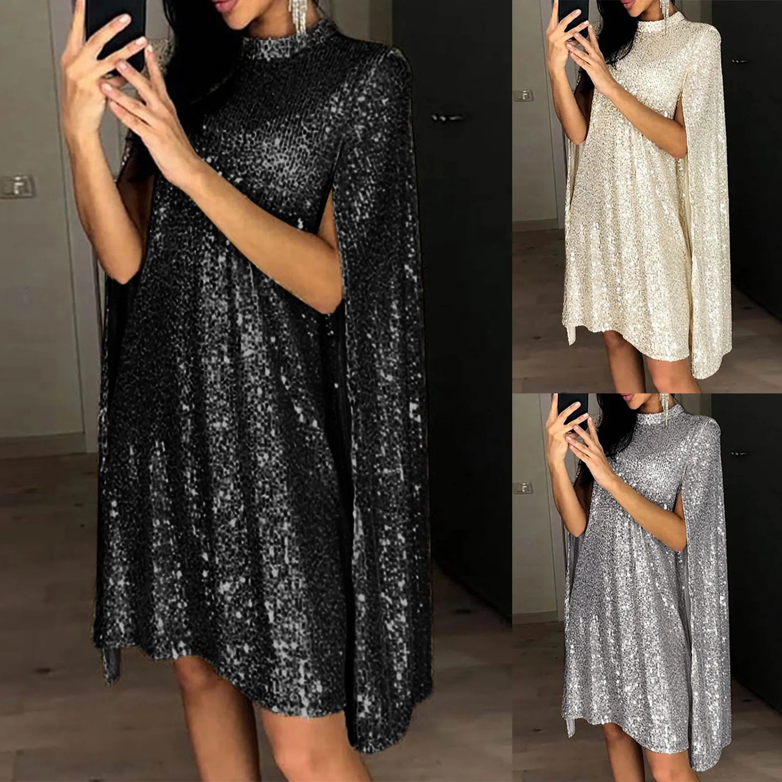 Fashion Sliver Sequins Cloak Sleeves High Neck Evening Party Dress for Women Sexy Elegant Temperament Cocktail Prom Dresses - reetell