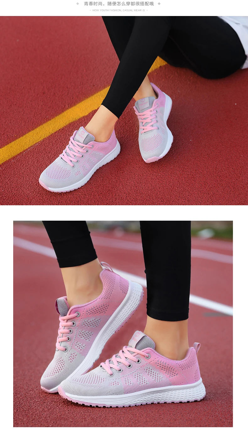 Women Casual Shoes Breathable Walking Mesh Lace Up Flat Shoes Sneakers Women Tenis Feminino Pink Black White - reetell