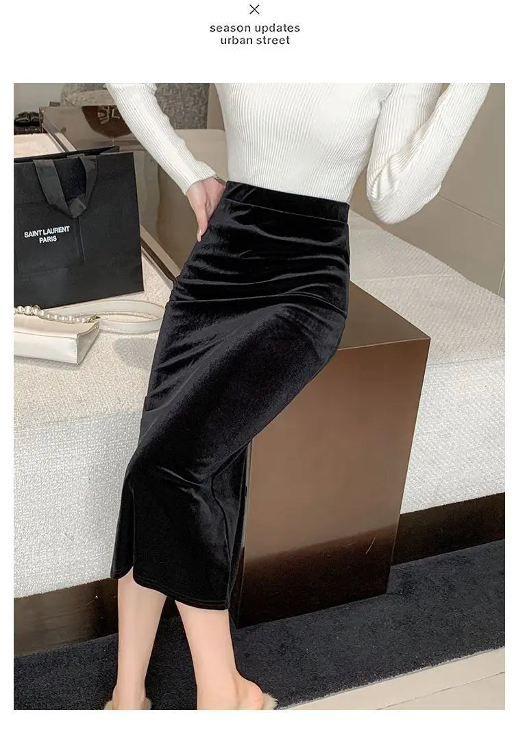 Elegant Velvet Black Long Skirts Women Autumn Winter High Waist Faldas Korean Fahion Clothing Office Ladies Bodycon Midi Skirt - reetell