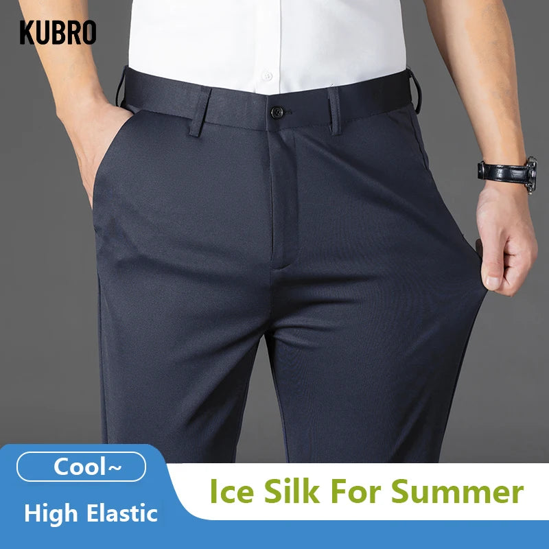 KUBRO Men's Summer Thin Fashion Business Casual Suit Pants Long Pants Men's Elastic Straight Sleeve Formal Pants Plus Size 2024 - reetell