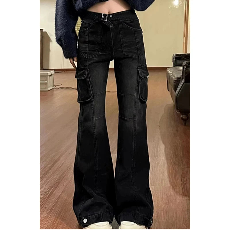 Women Black Gothic Cargo Flare Jeans Emo 2000s Vintage High Waist Baggy Denim Trousers Y2k Harajuku 90s Aesthetic Pants Clothes - reetell