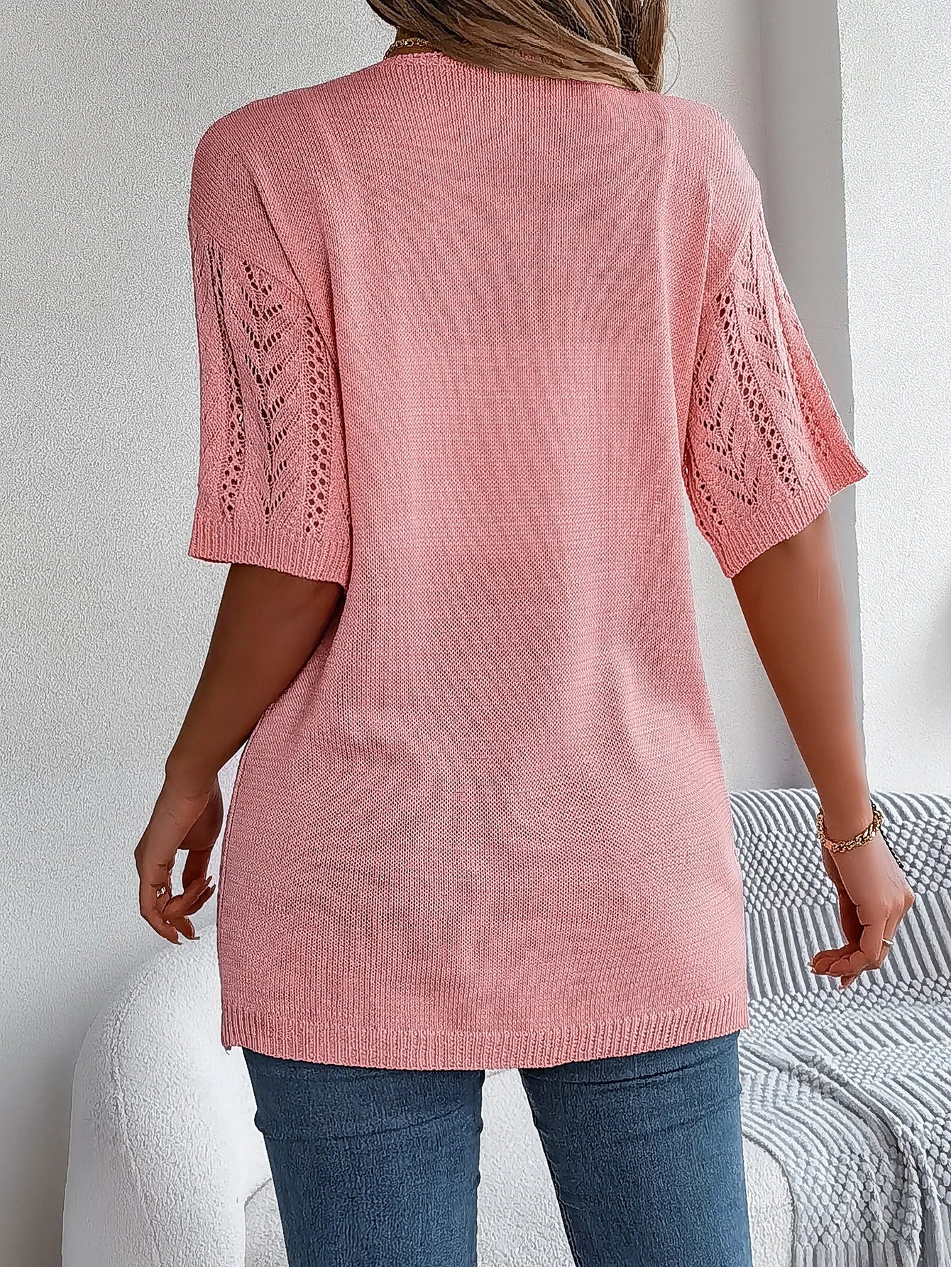 Casual Solid Color Short Sleeve Hollow Knitted Cardigan For Women - reetell