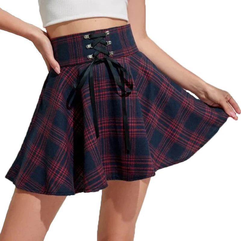 Vintage Y2K Punk Sexy High Waist Mini Skirts Purple Plaid Bandage Harajuku Aesthetic Skirt Goth Grunge Cake Skirt Streetwear - reetell